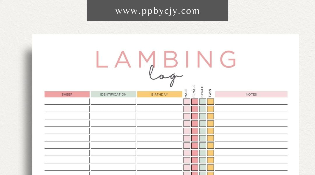 Sheep Breeding Lambing Log Printable Template – Digital download for tracking and documenting sheep breeding and lambing details, including dates, births, and health information