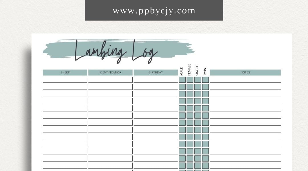 Sheep Breeding Lambing Log Printable Template – Digital download for tracking and documenting sheep breeding and lambing details, including dates, births, and health information