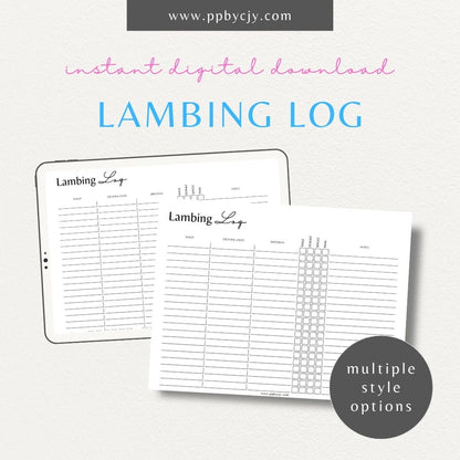 Sheep Breeding Lambing Log Printable Template – Digital download for tracking and documenting sheep breeding and lambing details, including dates, births, and health information