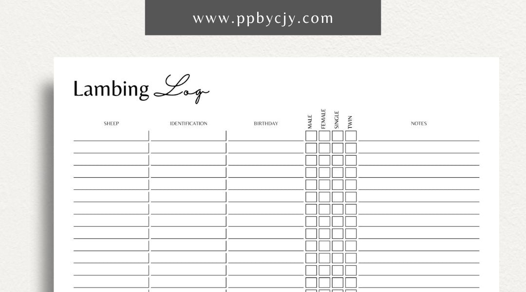 Sheep Breeding Lambing Log Printable Template – Digital download for tracking and documenting sheep breeding and lambing details, including dates, births, and health information