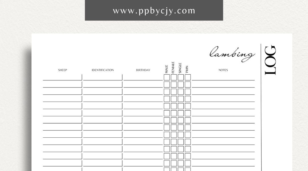 Sheep Breeding Lambing Log Printable Template – Digital download for tracking and documenting sheep breeding and lambing details, including dates, births, and health information