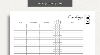 Sheep Breeding Lambing Log Printable Template – Digital download for tracking and documenting sheep breeding and lambing details, including dates, births, and health information