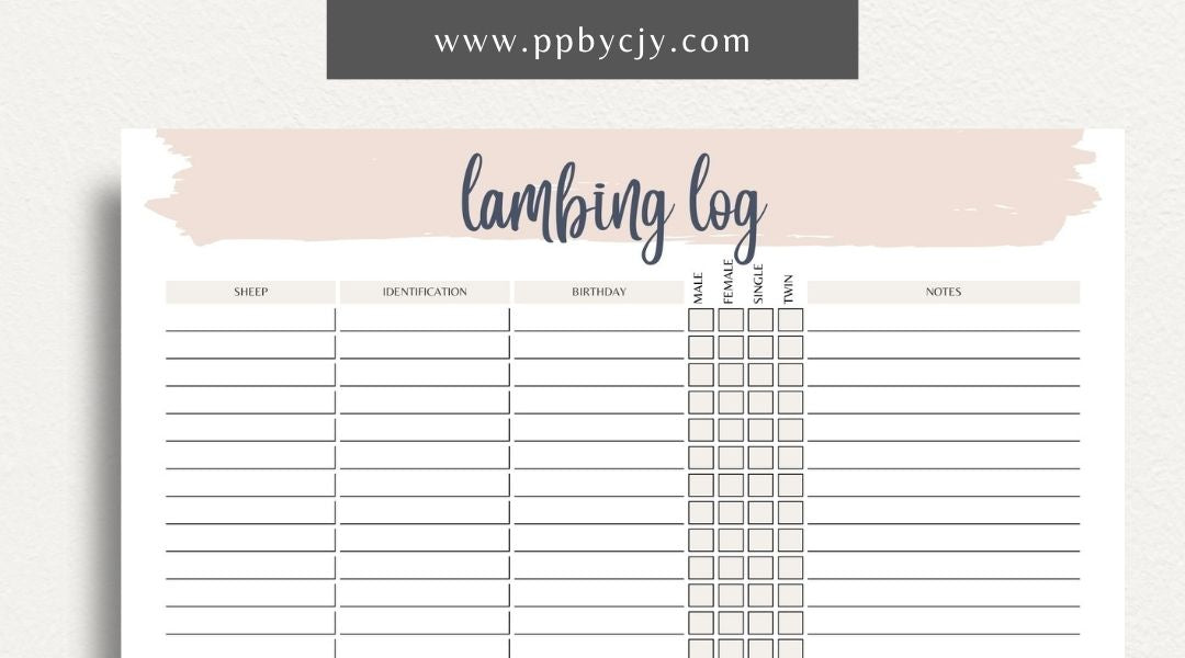 Sheep Breeding Lambing Log Printable Template – Digital download for tracking and documenting sheep breeding and lambing details, including dates, births, and health information