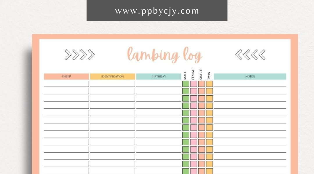 Sheep Breeding Lambing Log Printable Template – Digital download for tracking and documenting sheep breeding and lambing details, including dates, births, and health information