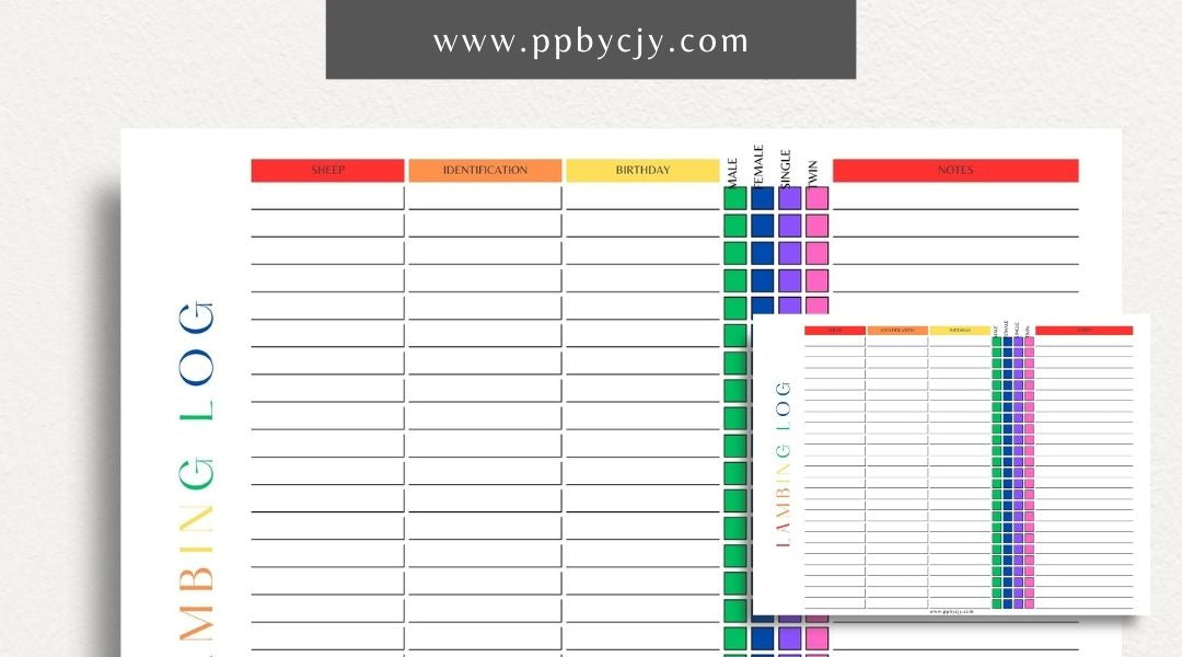 Sheep Breeding Lambing Log Printable Template – Digital download for tracking and documenting sheep breeding and lambing details, including dates, births, and health information