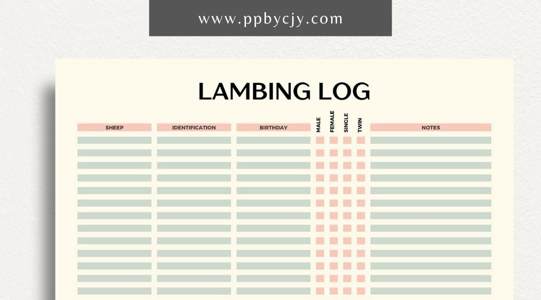 Sheep Breeding Lambing Log Printable Template – Digital download for tracking and documenting sheep breeding and lambing details, including dates, births, and health information