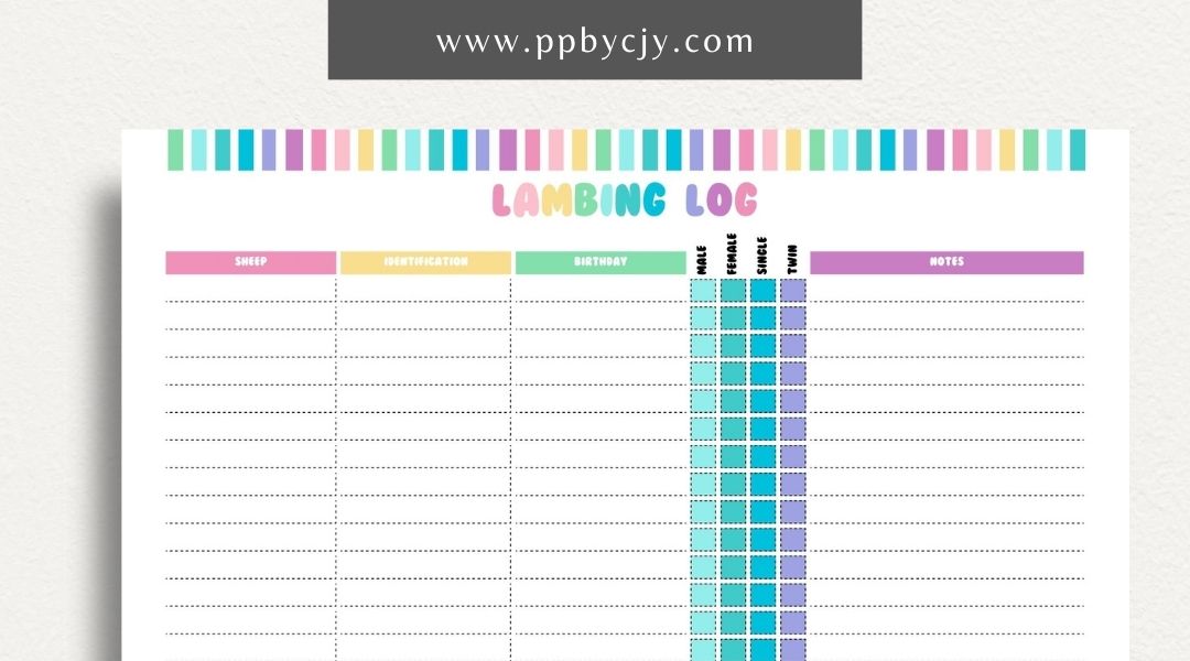 Sheep Breeding Lambing Log Printable Template – Digital download for tracking and documenting sheep breeding and lambing details, including dates, births, and health information