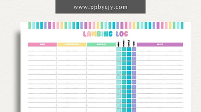 Sheep Breeding Lambing Log Printable Template – Digital download for tracking and documenting sheep breeding and lambing details, including dates, births, and health information