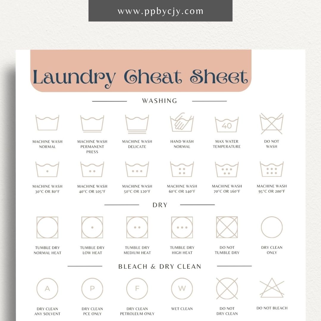 Laundry Cheat Sheet Printable Template – Digital download for quick reference on laundry care instructions, stain removal tips, and fabric care.