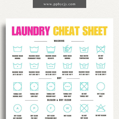 Laundry Cheat Sheet Printable Template – Digital download for quick reference on laundry care instructions, stain removal tips, and fabric care.