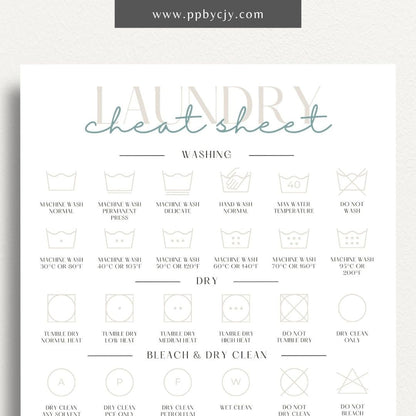 Laundry Cheat Sheet Printable Template – Digital download for quick reference on laundry care instructions, stain removal tips, and fabric care.
