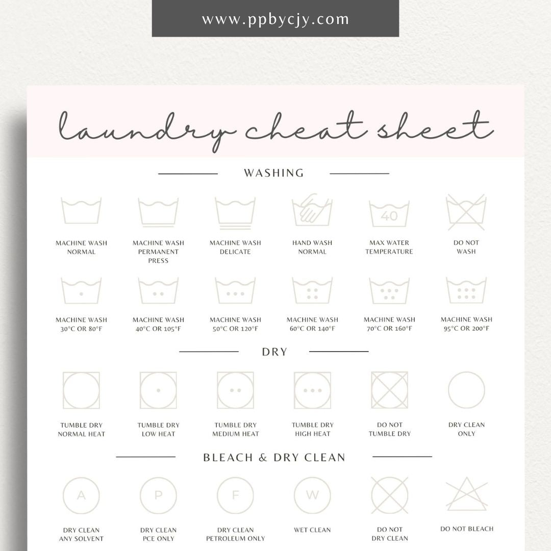 Laundry Cheat Sheet Printable Template – Digital download for quick reference on laundry care instructions, stain removal tips, and fabric care.
