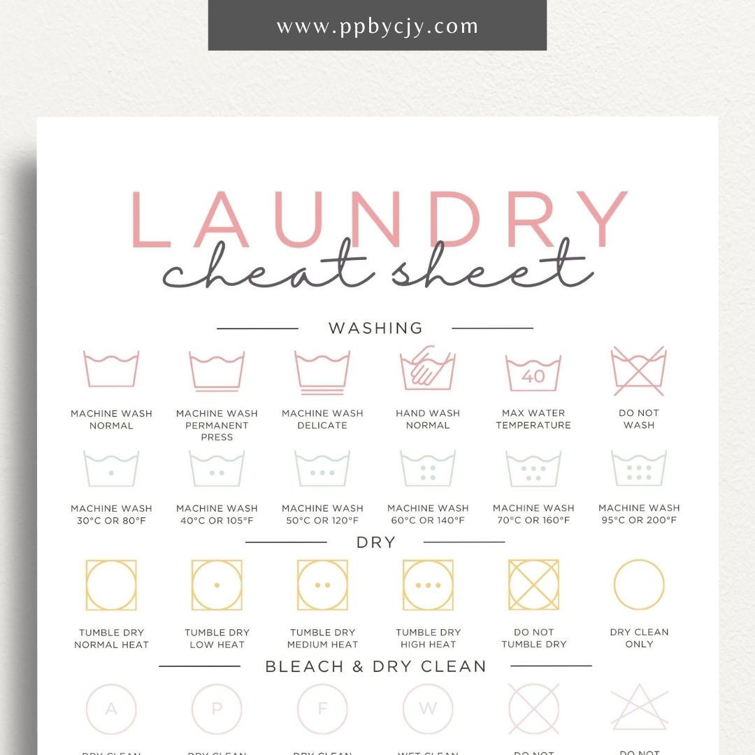 Laundry Cheat Sheet Printable Template – Digital download for quick reference on laundry care instructions, stain removal tips, and fabric care.
