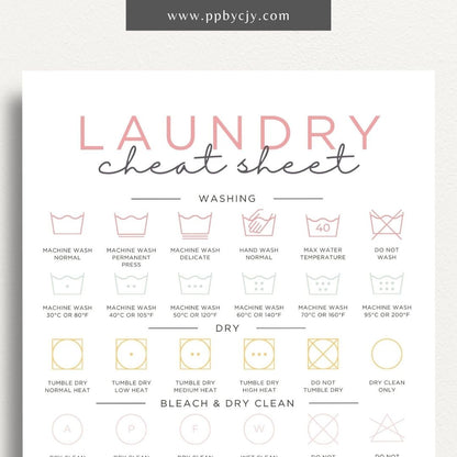 Laundry Cheat Sheet Printable Template – Digital download for quick reference on laundry care instructions, stain removal tips, and fabric care.
