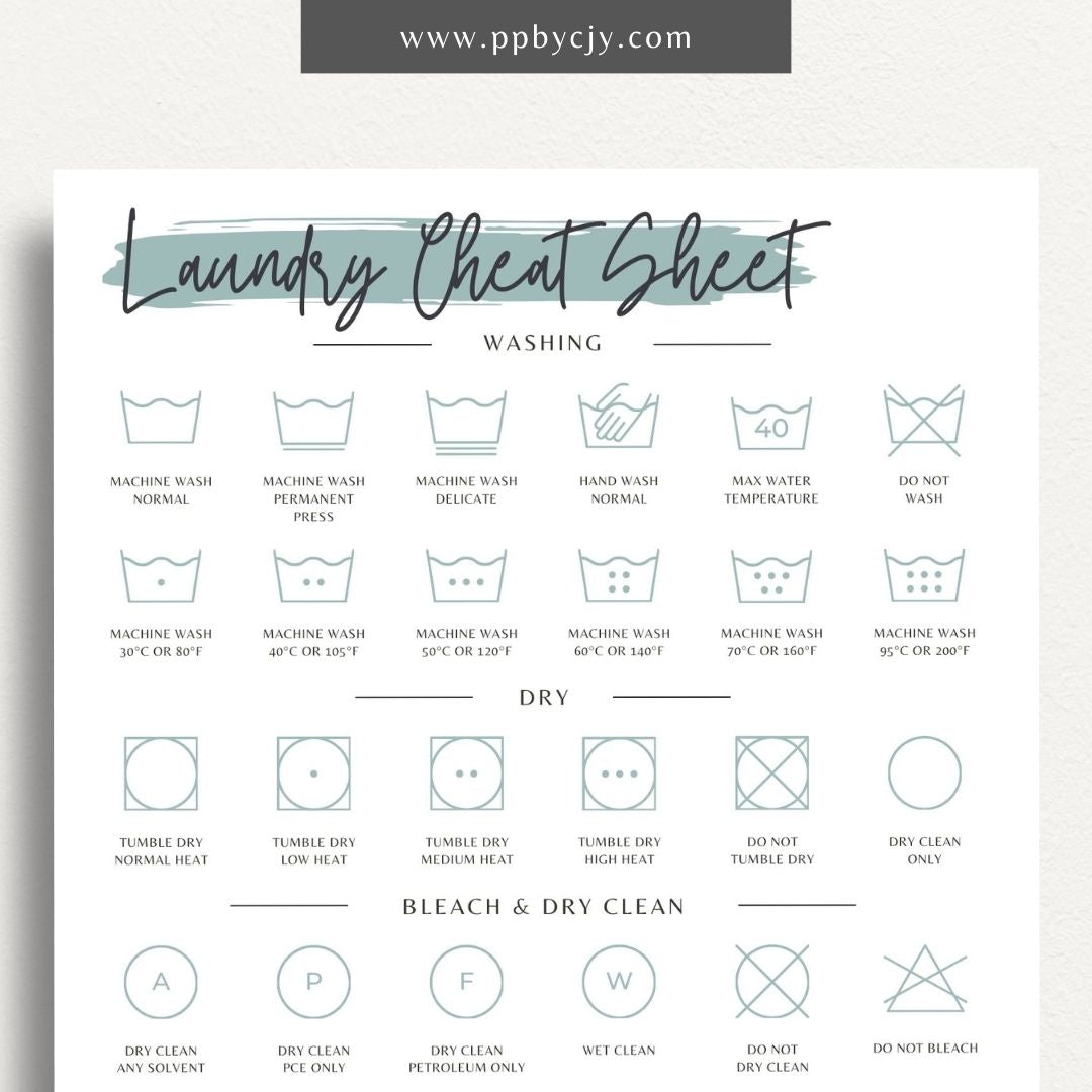 Laundry Cheat Sheet Printable Template – Digital download for quick reference on laundry care instructions, stain removal tips, and fabric care.