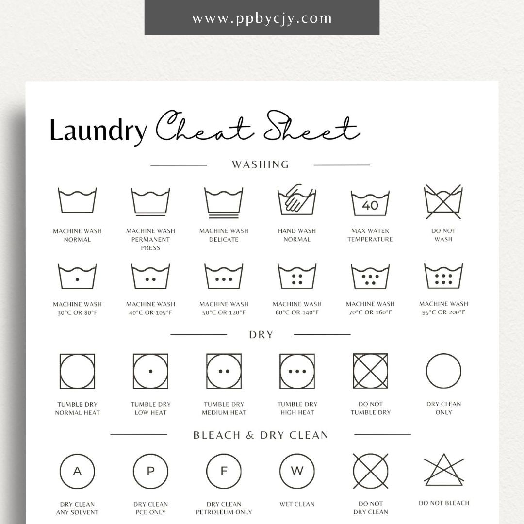 Laundry Cheat Sheet Printable Template – Digital download for quick reference on laundry care instructions, stain removal tips, and fabric care.