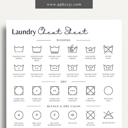 Laundry Cheat Sheet Printable Template – Digital download for quick reference on laundry care instructions, stain removal tips, and fabric care.