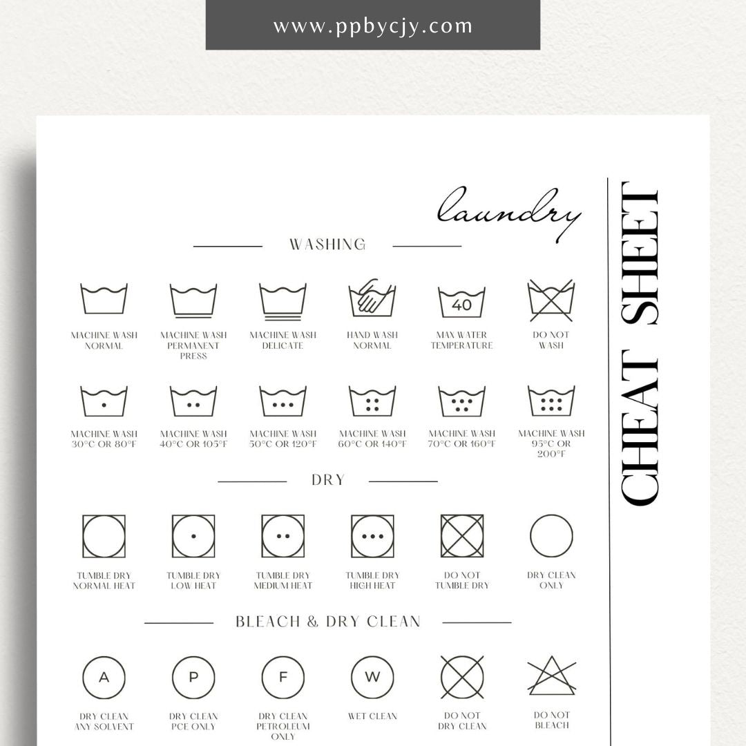 Laundry Cheat Sheet Printable Template – Digital download for quick reference on laundry care instructions, stain removal tips, and fabric care.