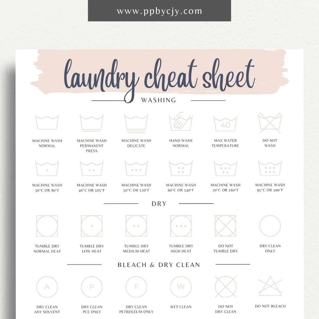 Laundry Cheat Sheet Printable Template – Digital download for quick reference on laundry care instructions, stain removal tips, and fabric care.