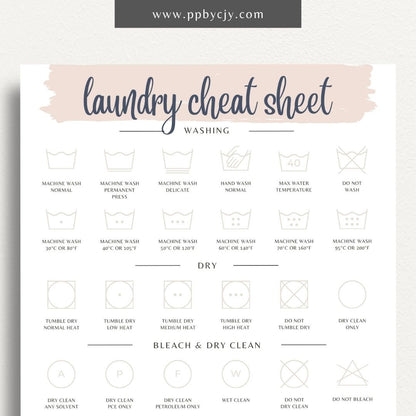 Laundry Cheat Sheet Printable Template – Digital download for quick reference on laundry care instructions, stain removal tips, and fabric care.