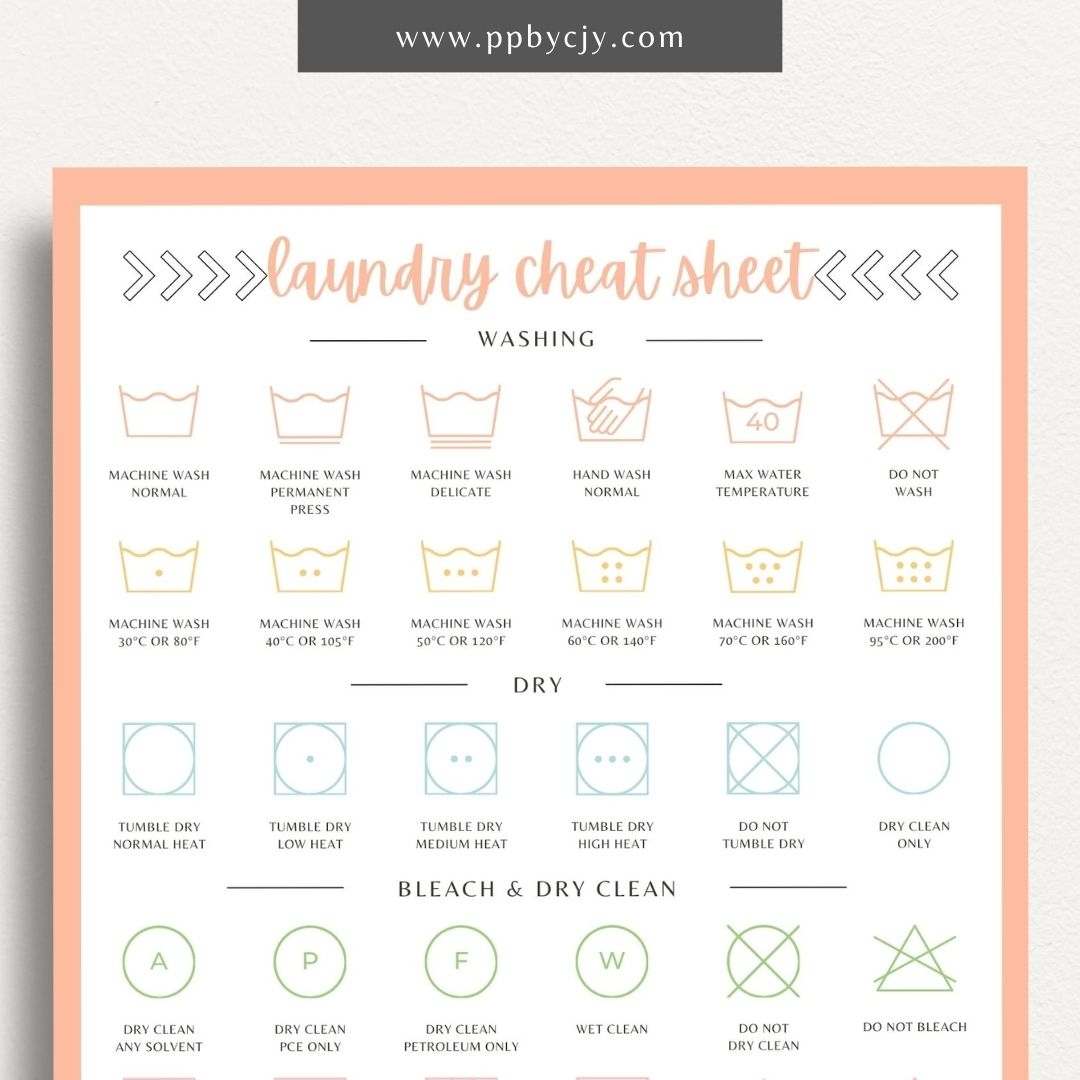 Laundry Cheat Sheet Printable Template – Digital download for quick reference on laundry care instructions, stain removal tips, and fabric care.