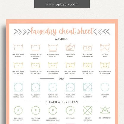 Laundry Cheat Sheet Printable Template – Digital download for quick reference on laundry care instructions, stain removal tips, and fabric care.