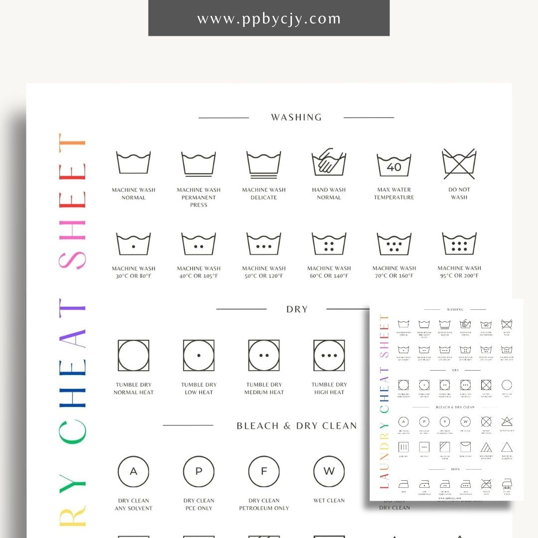 Laundry Cheat Sheet Printable Template – Digital download for quick reference on laundry care instructions, stain removal tips, and fabric care.