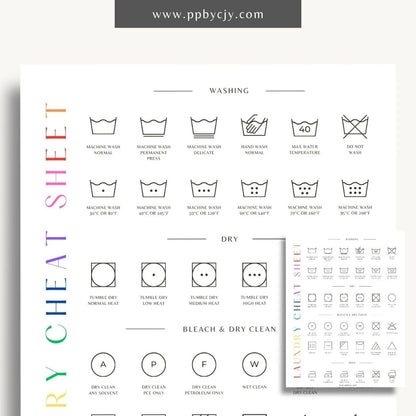 Laundry Cheat Sheet Printable Template – Digital download for quick reference on laundry care instructions, stain removal tips, and fabric care.