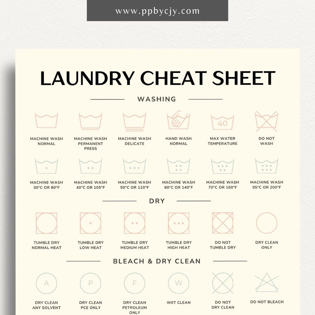Laundry Cheat Sheet Printable Template – Digital download for quick reference on laundry care instructions, stain removal tips, and fabric care.