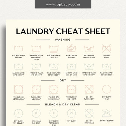 Laundry Cheat Sheet Printable Template – Digital download for quick reference on laundry care instructions, stain removal tips, and fabric care.