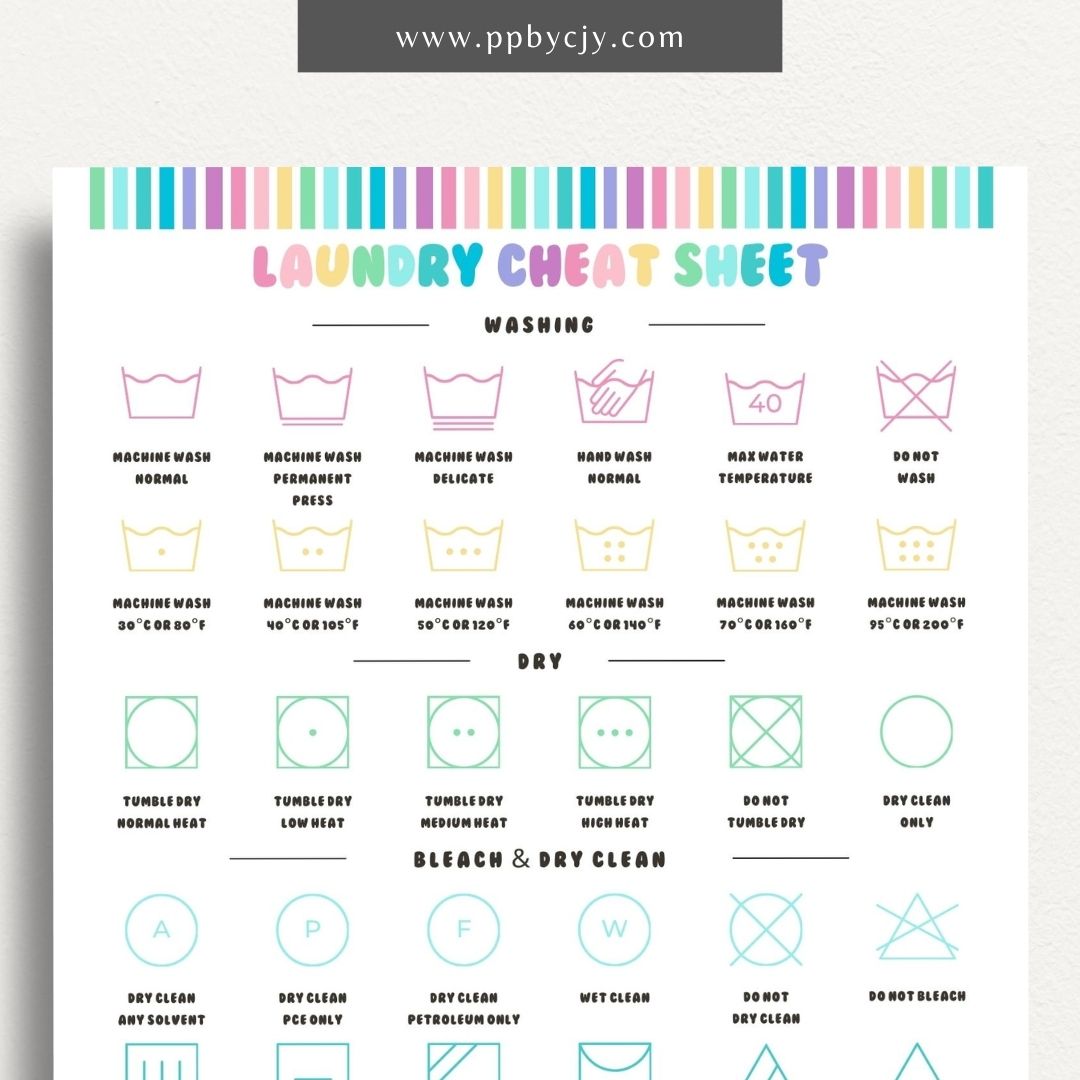 Laundry Cheat Sheet Printable Template – Digital download for quick reference on laundry care instructions, stain removal tips, and fabric care.