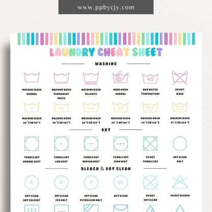 Laundry Cheat Sheet Printable Template – Digital download for quick reference on laundry care instructions, stain removal tips, and fabric care.