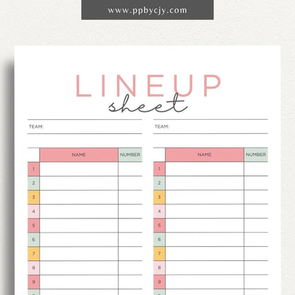 printable template page with columns and rows related to sports pitching batting lineups