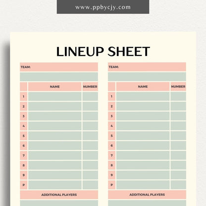 printable template page with columns and rows related to sports pitching batting lineups