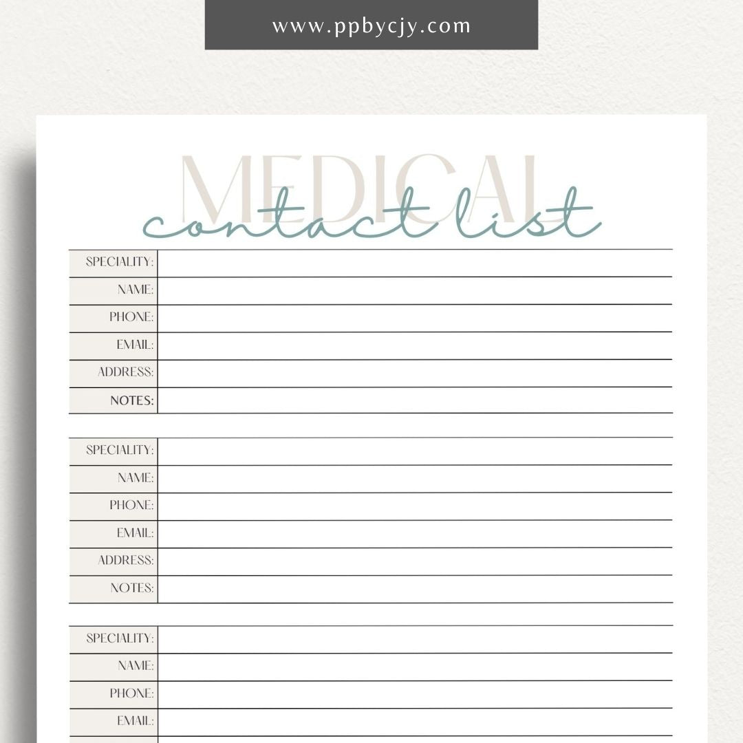 printable template page with columns and rows related to medical contacts