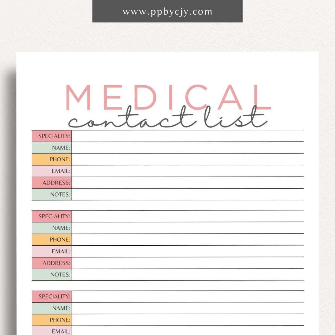printable template page with columns and rows related to medical contacts