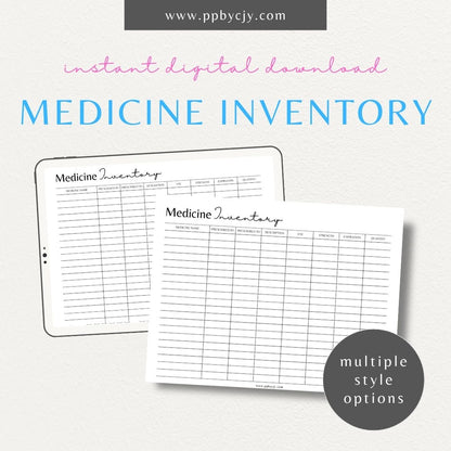 printable template page with columns and rows related to medicine cabinet inventory