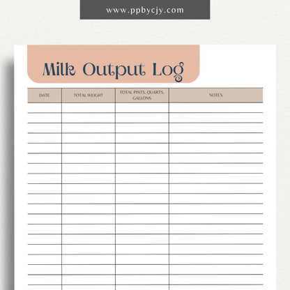 Cattle Cow Milk Output Log Printable Template – Digital Download for Tracking and Recording Milk Production from Cows