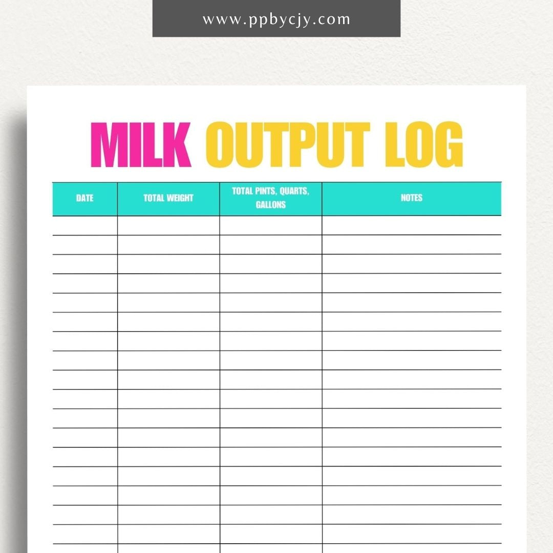 Cattle Cow Milk Output Log Printable Template – Digital Download for Tracking and Recording Milk Production from Cows