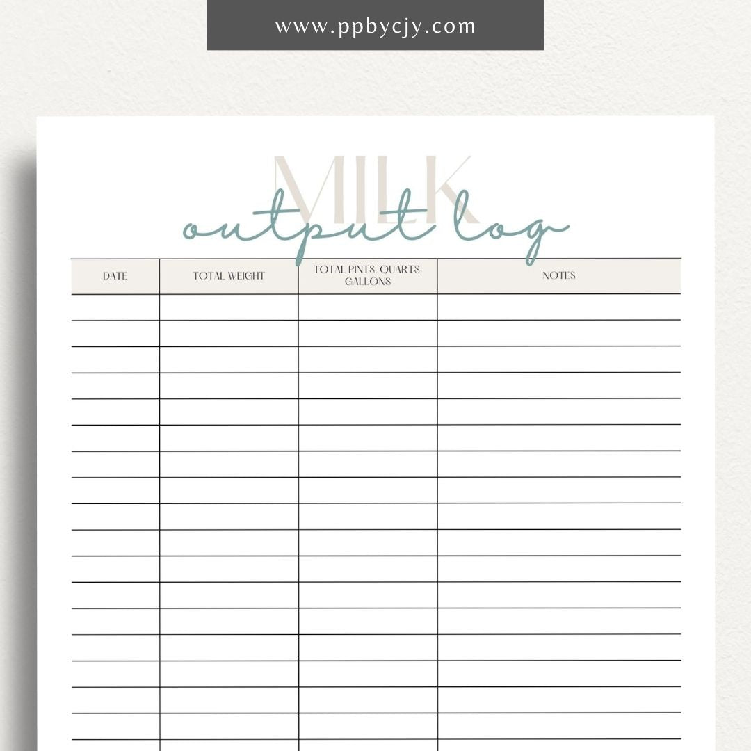 Cattle Cow Milk Output Log Printable Template – Digital Download for Tracking and Recording Milk Production from Cows