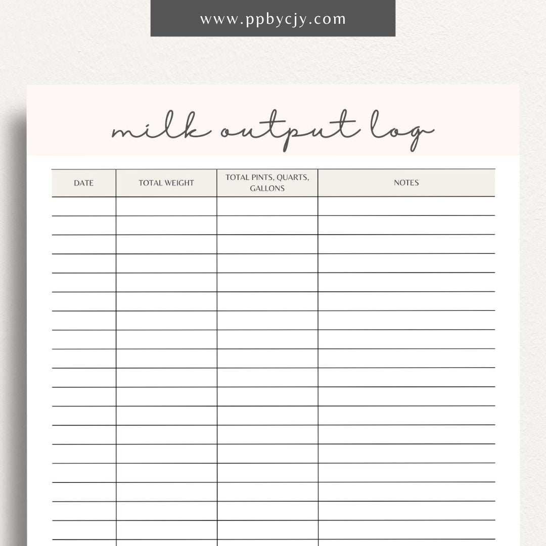 Cattle Cow Milk Output Log Printable Template – Digital Download for Tracking and Recording Milk Production from Cows