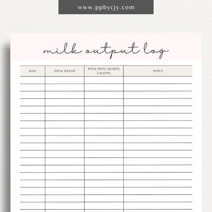 Cattle Cow Milk Output Log Printable Template – Digital Download for Tracking and Recording Milk Production from Cows