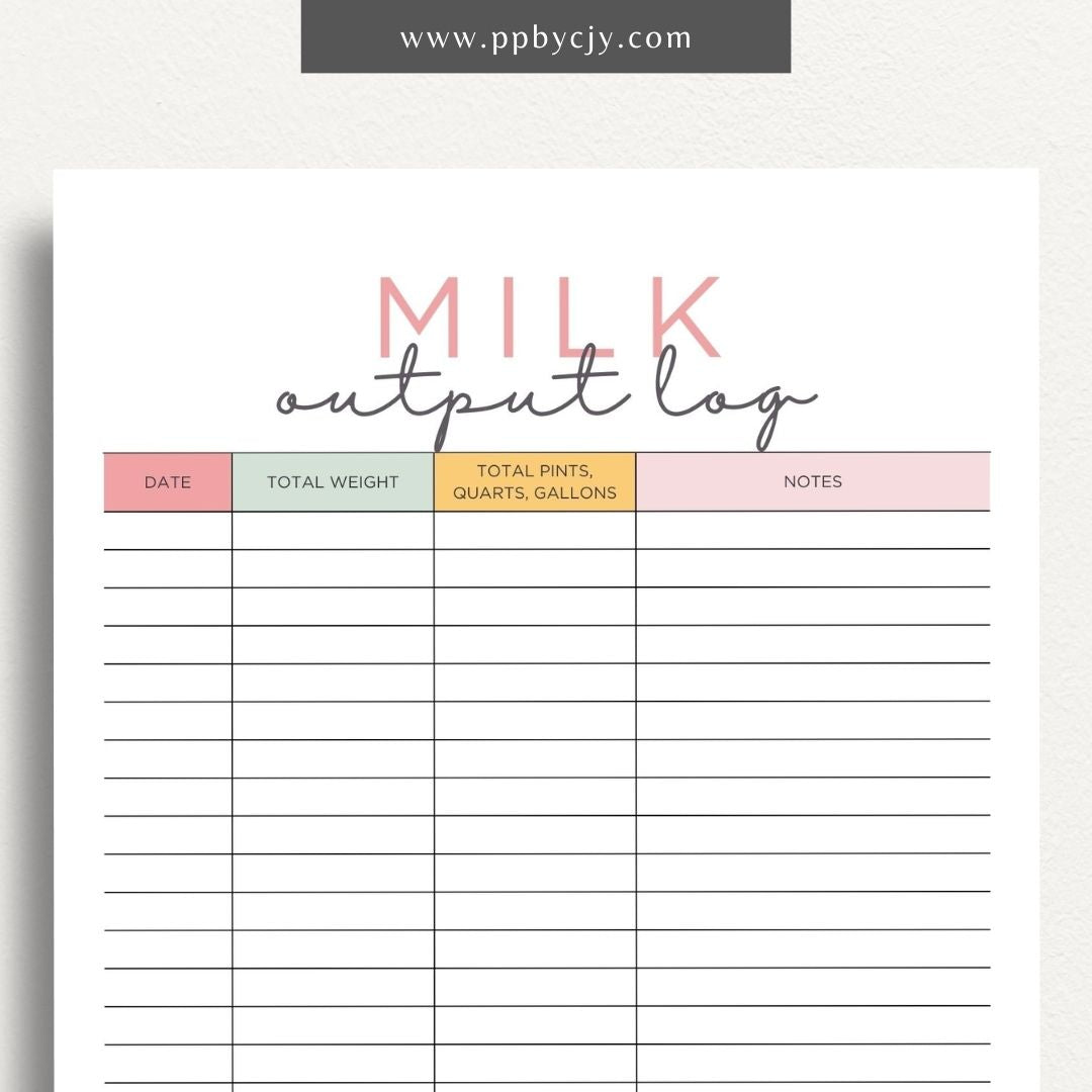 Cattle Cow Milk Output Log Printable Template – Digital Download for Tracking and Recording Milk Production from Cows