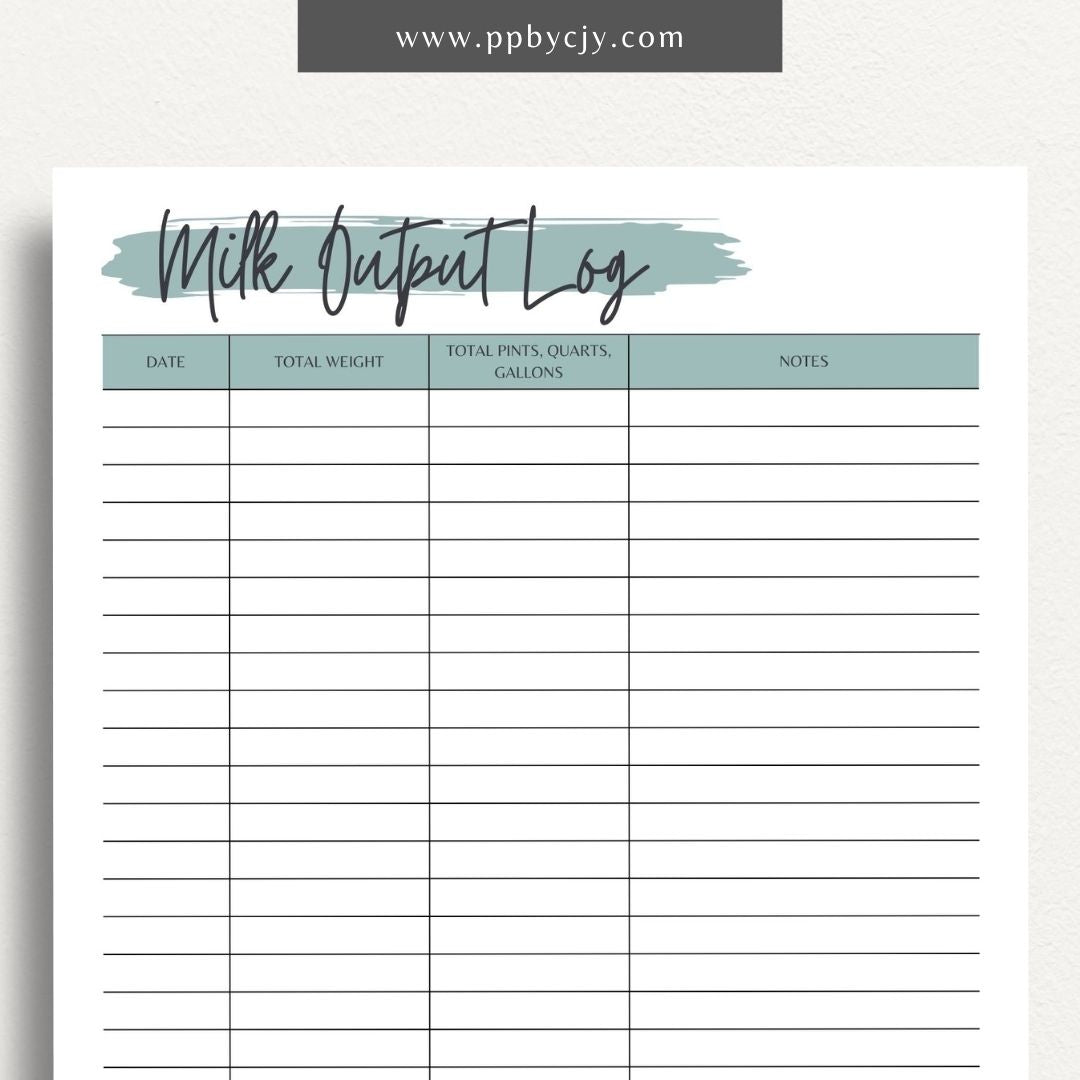 Cattle Cow Milk Output Log Printable Template – Digital Download for Tracking and Recording Milk Production from Cows