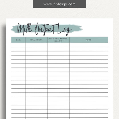 Cattle Cow Milk Output Log Printable Template – Digital Download for Tracking and Recording Milk Production from Cows