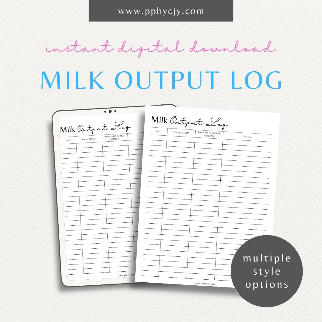 Cattle Cow Milk Output Log Printable Template – Digital Download for Tracking and Recording Milk Production from Cows