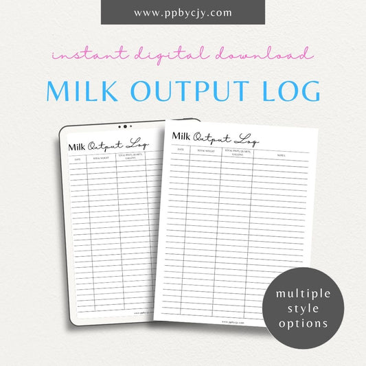 Cattle Cow Milk Output Log Printable Template – Digital Download for Tracking and Recording Milk Production from Cows