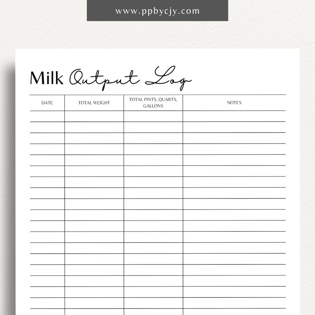 Cattle Cow Milk Output Log Printable Template – Digital Download for Tracking and Recording Milk Production from Cows