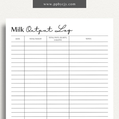 Cattle Cow Milk Output Log Printable Template – Digital Download for Tracking and Recording Milk Production from Cows