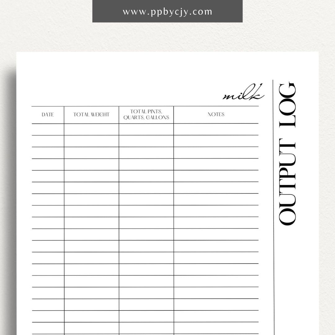 Cattle Cow Milk Output Log Printable Template – Digital Download for Tracking and Recording Milk Production from Cows